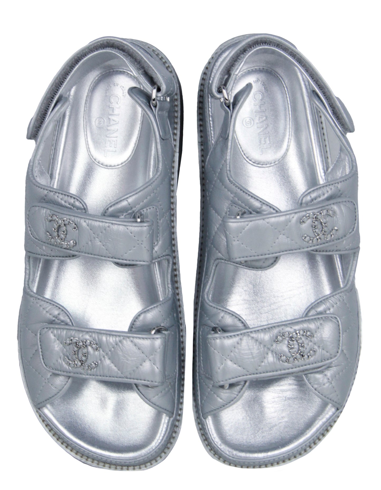 Chanel Silver Quilted Leather Velcro Dad Sandals sz 38