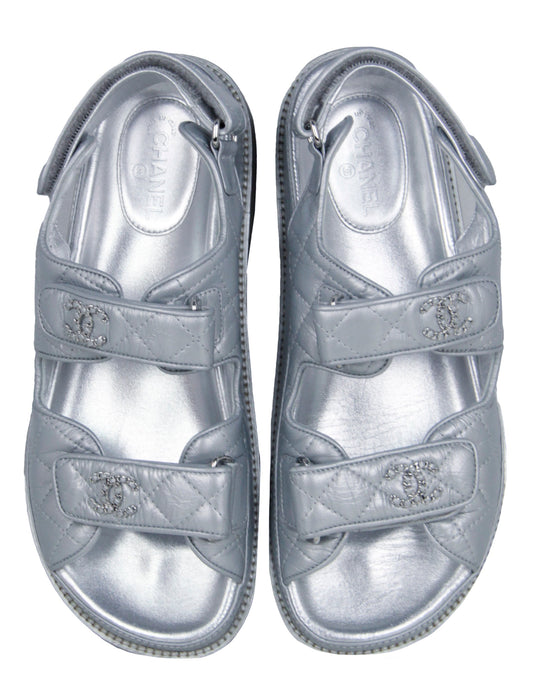 Chanel Silver Quilted Leather Velcro Dad Sandals sz 38