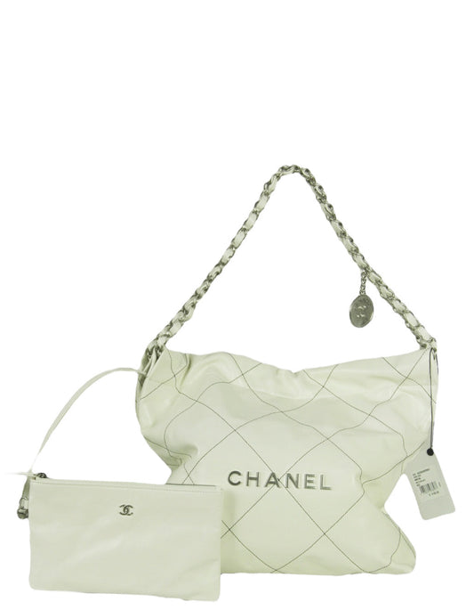 Chanel White Leather Quilted Chanel 22 Tote Bag