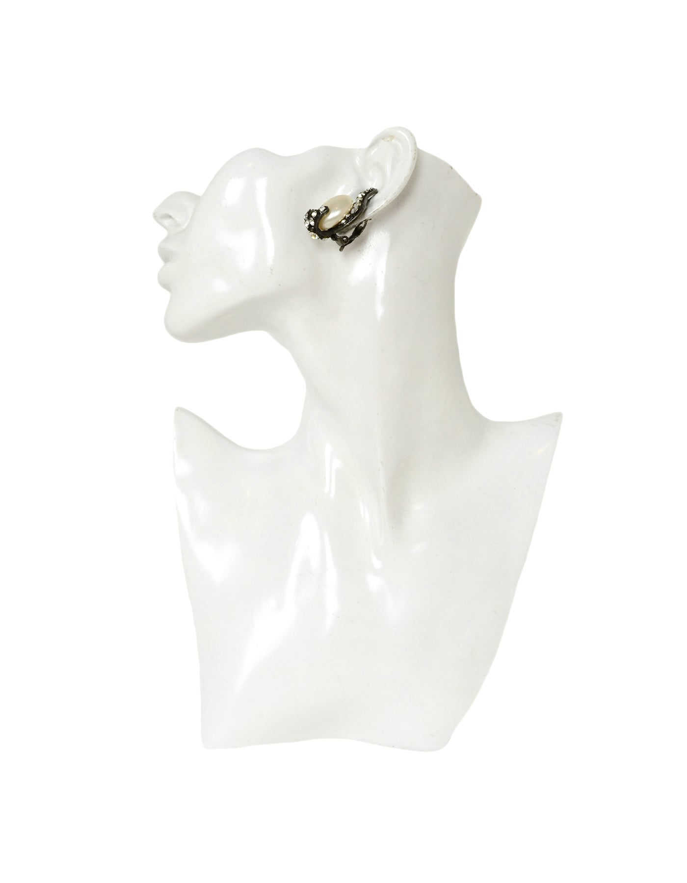 Chanel   Grey Faux Pearl Earrings w/ Strass Crystals