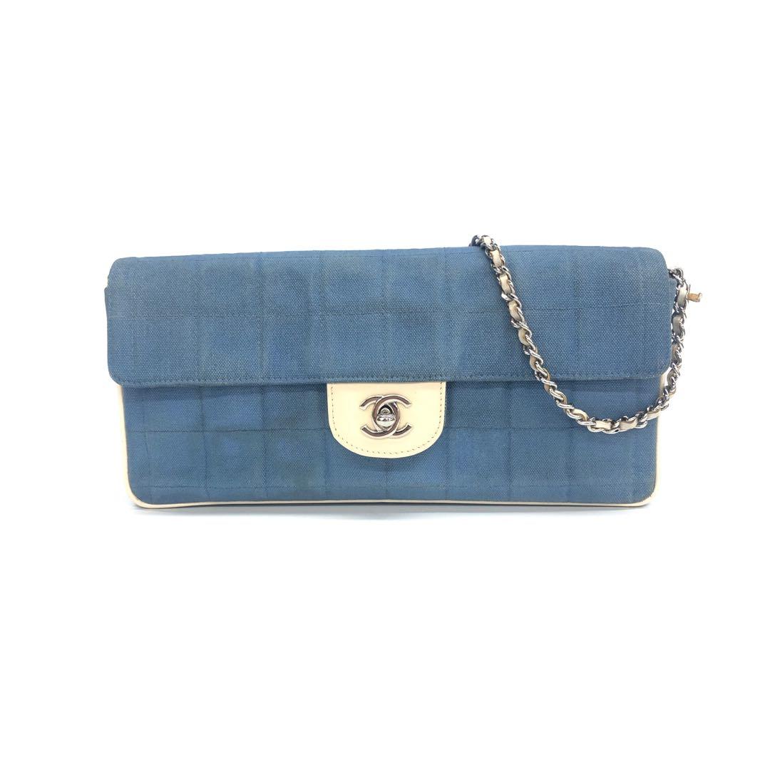Chanel East West Chocolate Bar Blue Denim Beige Leather Piping Silver Hardware
