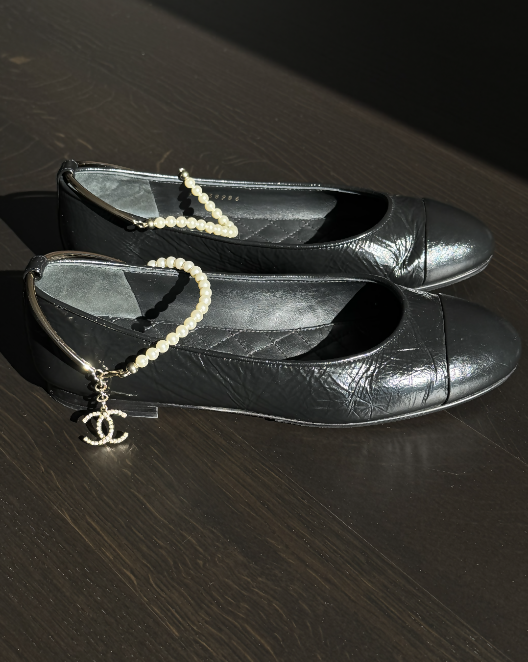 Chanel Waxed Ballet Flats with Pearl Ankle Strap – SS22