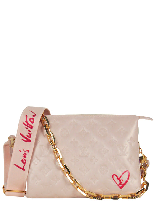 Louis Vuitton Metallic Dragee Pink Lambskin Embossed Monogram Fall In Love Coussin PM
