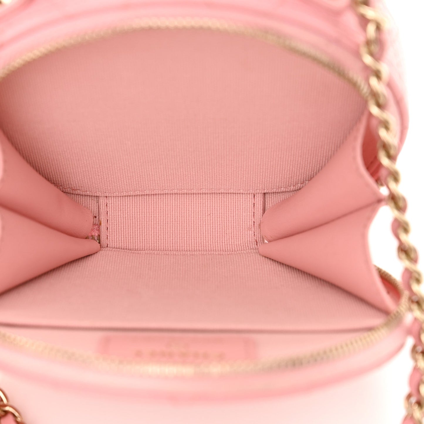Amelia Caviar Quilted Round Handle With Care Vanity With Chain Pink