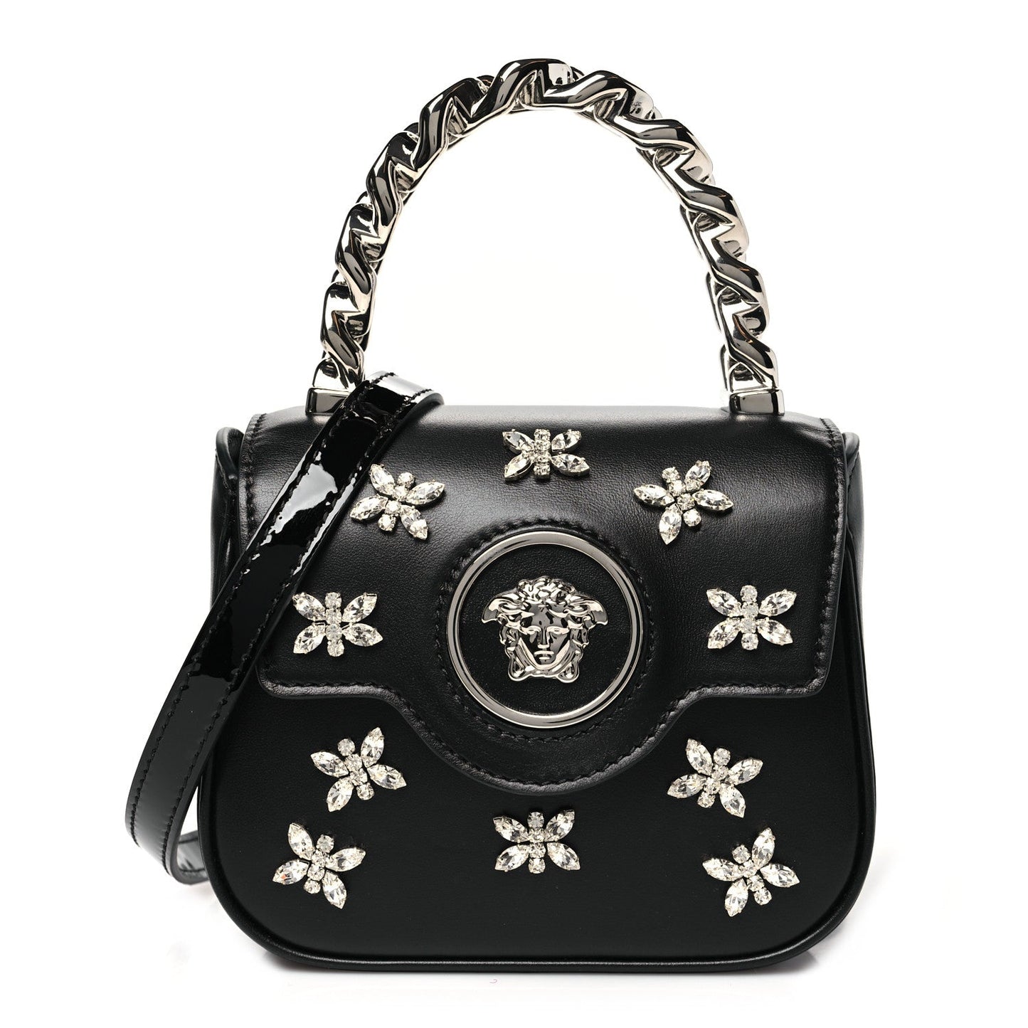 Versace Calfskin Crystal Embellished Mini La Medusa Bag Black