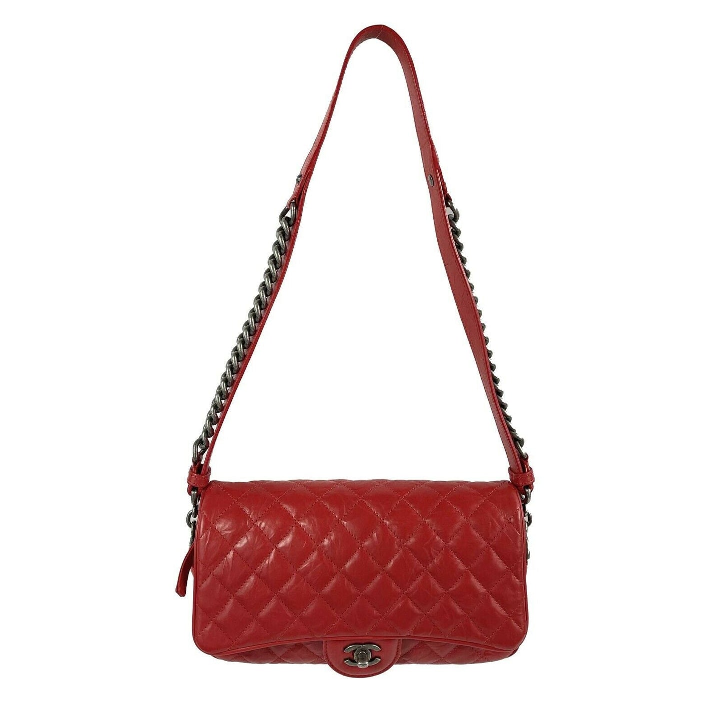 CHANEL Red Crinkled Leather Boy Chain Flap Bag / Silver-Aged - Shoulder Bag
