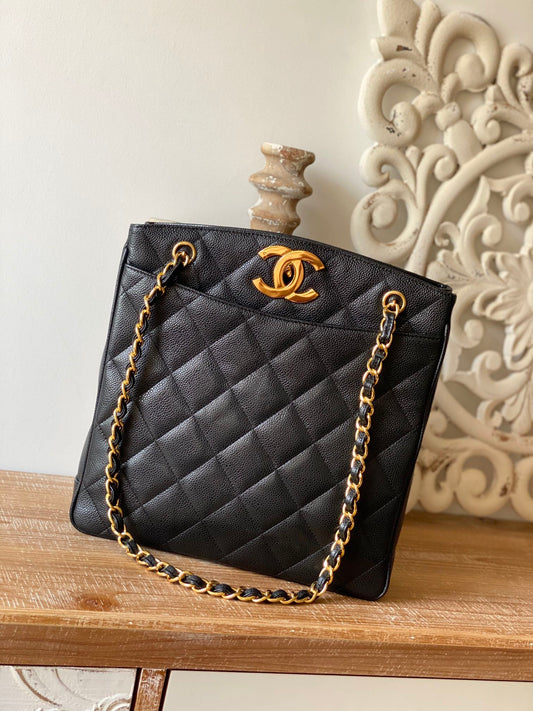 CHL - Vintage Black Large Quilted Caviar Tote Bag For Women 28cm/11in