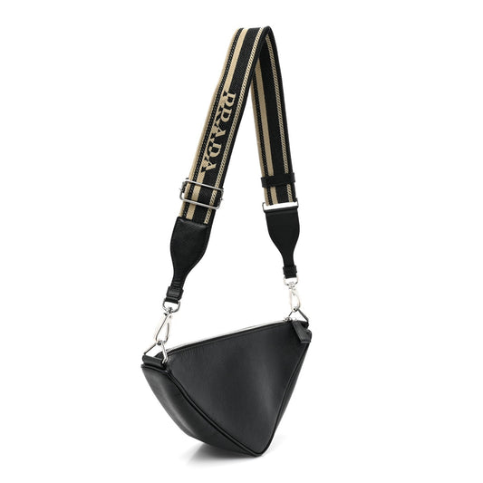 Prada Saffiano Cuir Triangle Logo Embossed Triangle Shoulder Bag Black