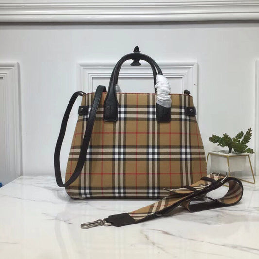 B-Berry - BB  House Check Derby Medium Banner Purse Tote Black For Women, Women’s Bags 14in/35cm