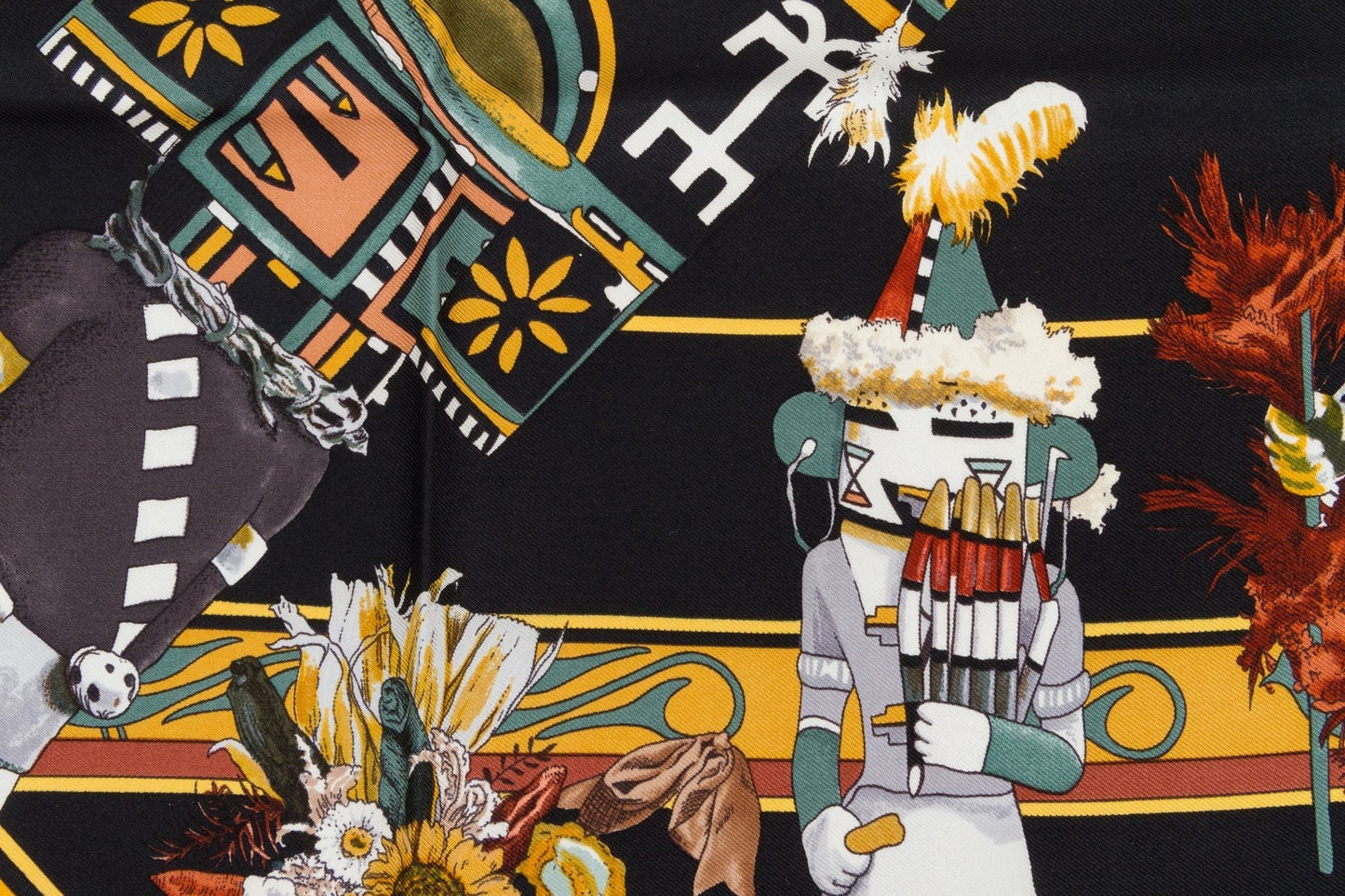 Hermes Black Silk Kachinas Scarf