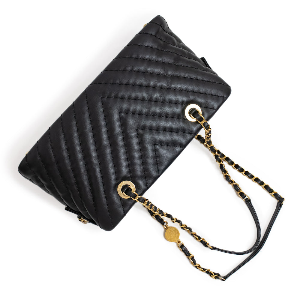 Chanel CC Mark Charm Chevron V Stitch Chain Calfskin Black