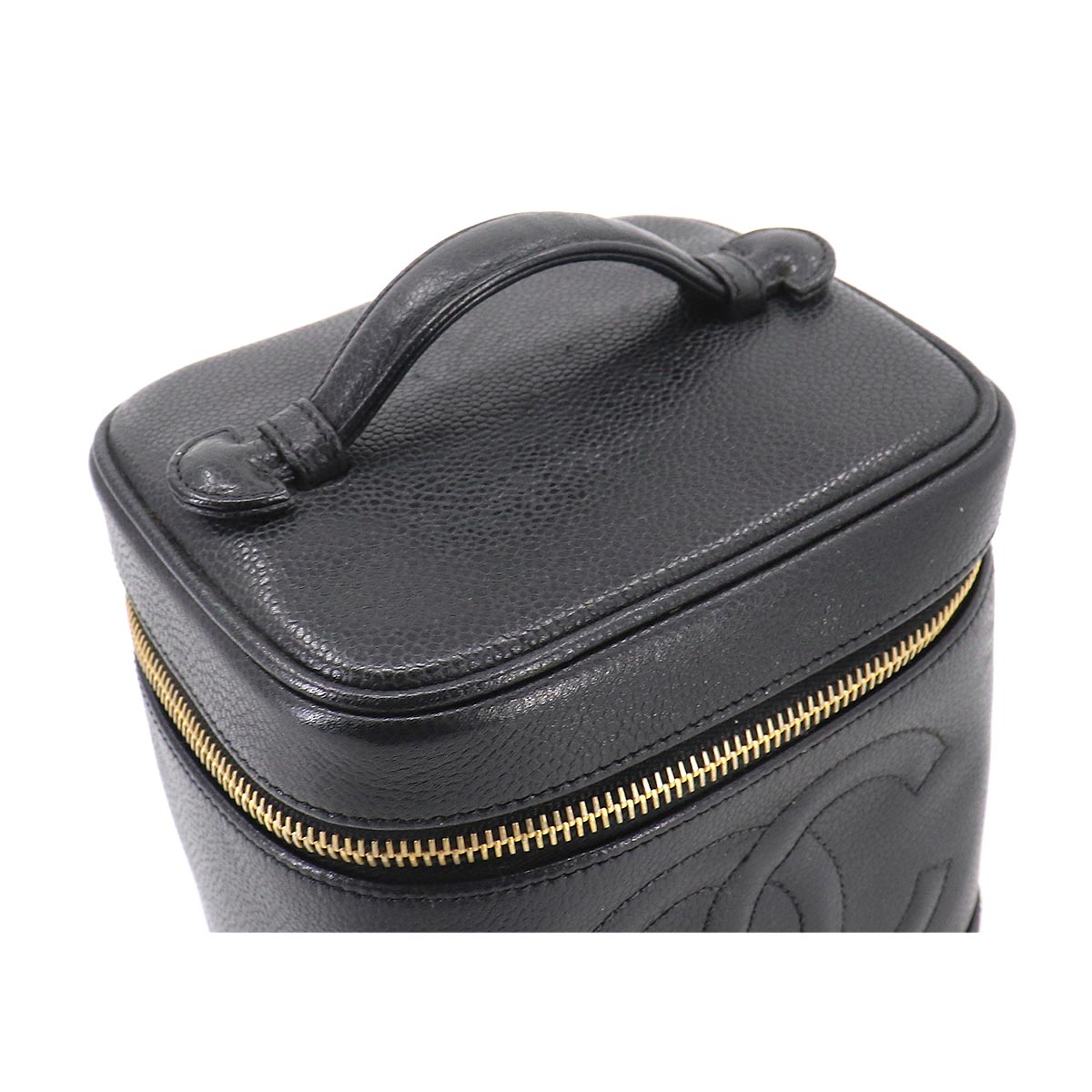 Chanel Vanity Hand Bag Caviar Skin Leather Black Cocomark Gold Hardware