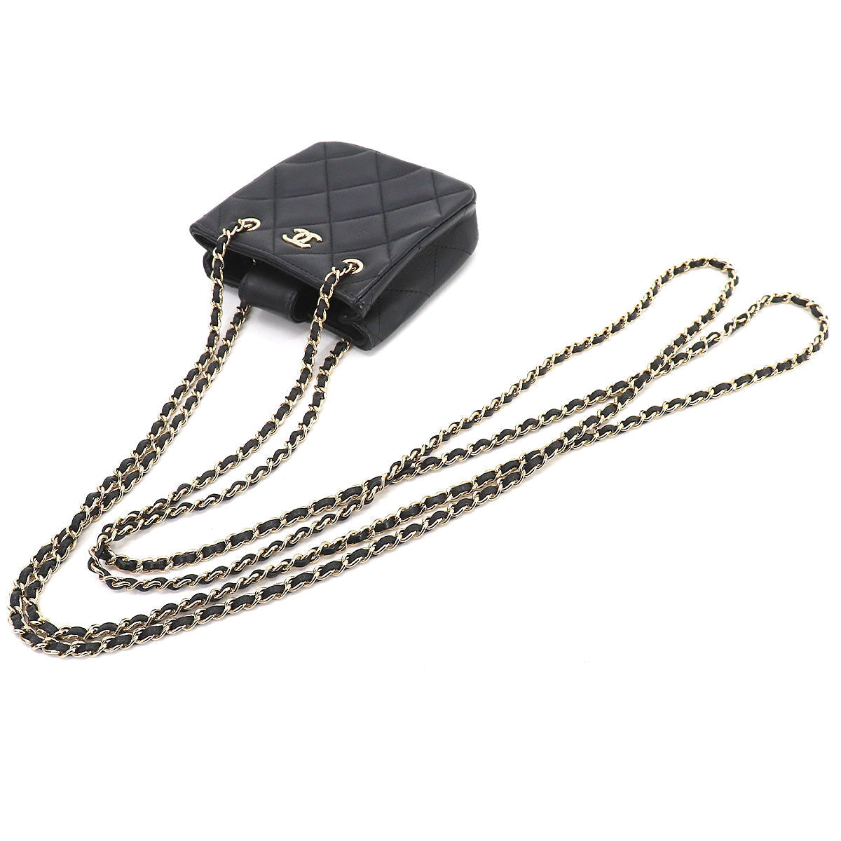 Chanel Matelasse Chain Shoulder Bag Pochette Leather Black Gold Metal Fittings