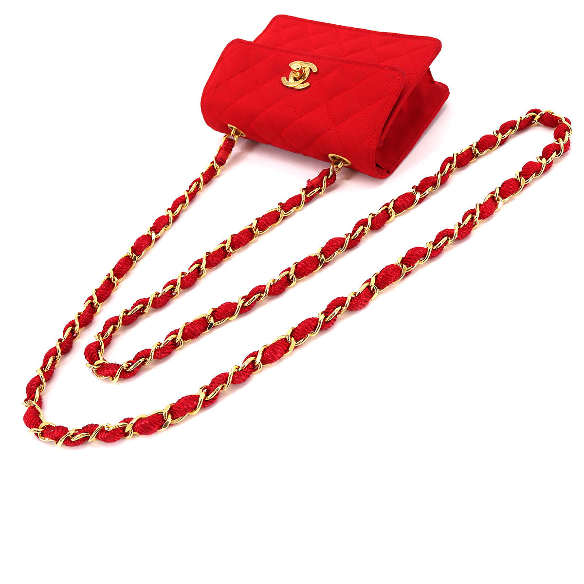 Chanel Mini Matelasse Chain Shoulder Bag Satin Red Gold Hardware