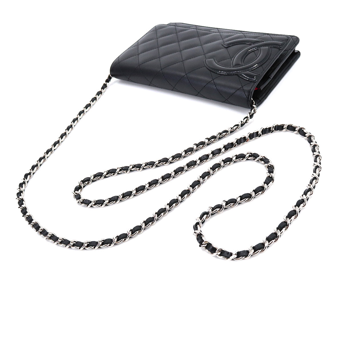 Chanel Cambon Line Chain Wallet Bifold Long Wallet Leather Enamel Black Silver Metal Fittings