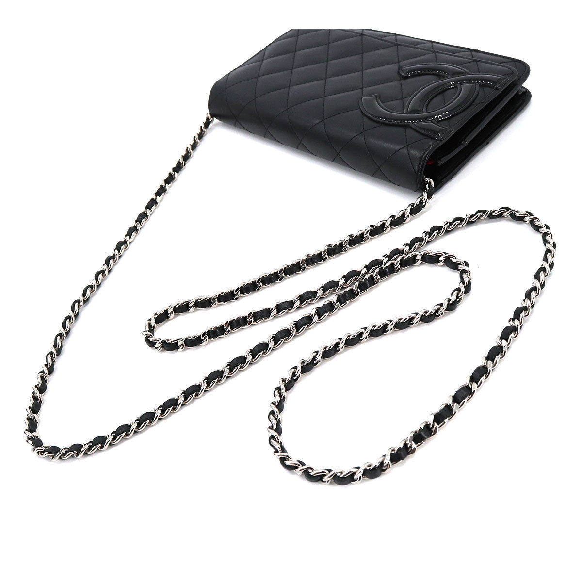 Chanel Cambon Line Chain Wallet Folio Long Wallet Leather Enamel Black Silver Metal Fittings