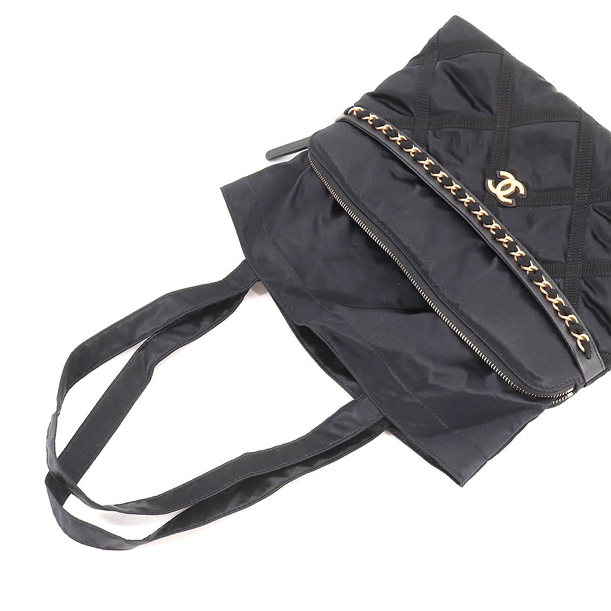 Chanel Quilted Tote Clutch Bag Nylon Leather Black Coco Mark Gold Hardware