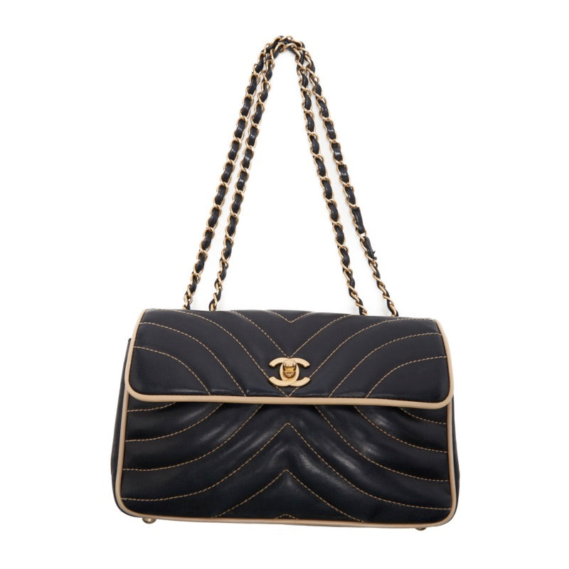 Chanel V Stitch Turn Single Flap Chain Lambskin Navy Ivory