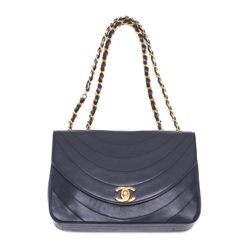 Chanel Border Stitch Round Flap Turn Lock Chain Lambskin Black