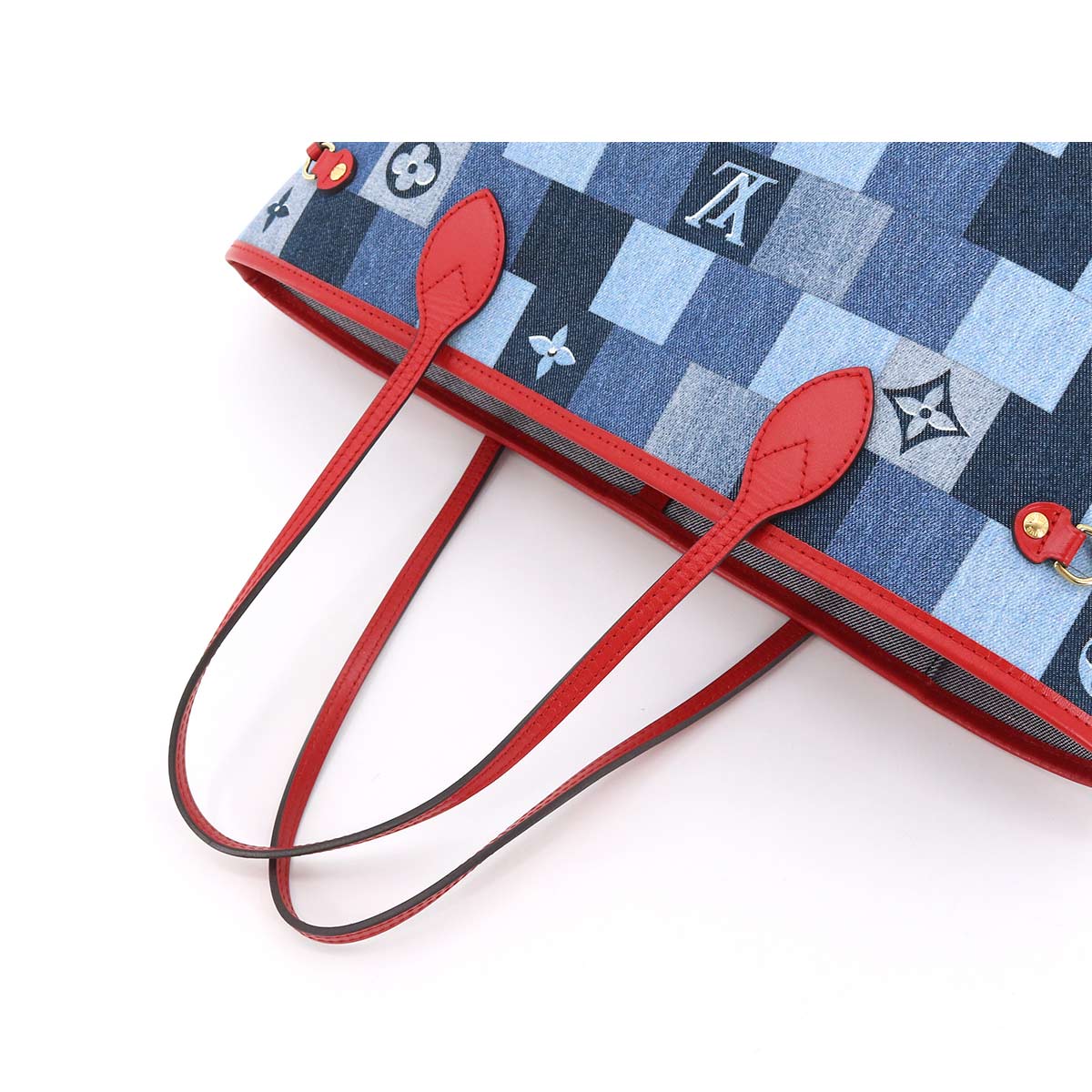 Louis Vuitton Denim Monogram Neverfull MM Tote Bag Blue Red