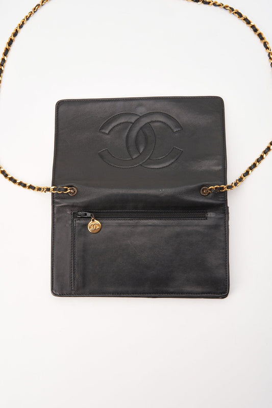 Chanel Black Lambskin Leather Wallet On Chain