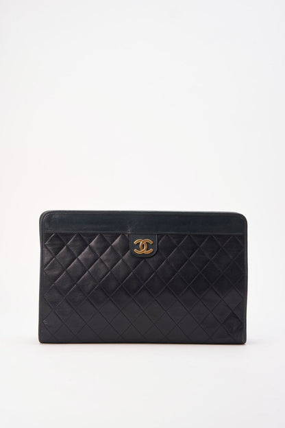 Chanel Navy Leather Clutch Bag With 24K Gold Plated Hardware