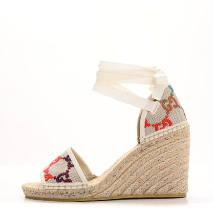 Amelia Linen Psychedelic Mini GG Monogram Ankle Wrap Platform Espadrille Wedge Sandals 39 Multicolor Mystic White