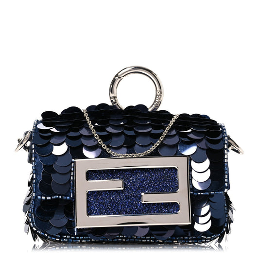 Amelia Sequin Paillettes Shiny Nappa Sex and the City Nano Maxi Buckle Baguette Charm Blue