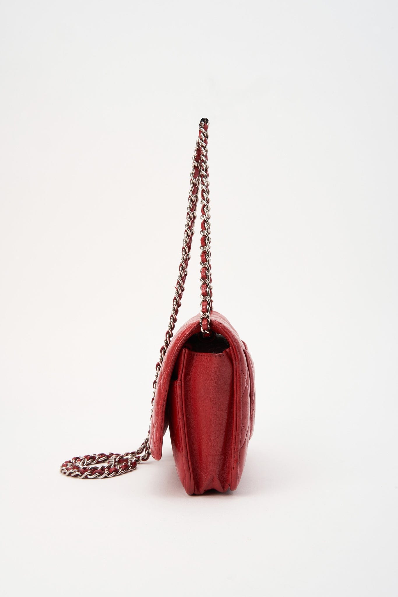 Chanel Red Lambskin Leather Wallet On Chain