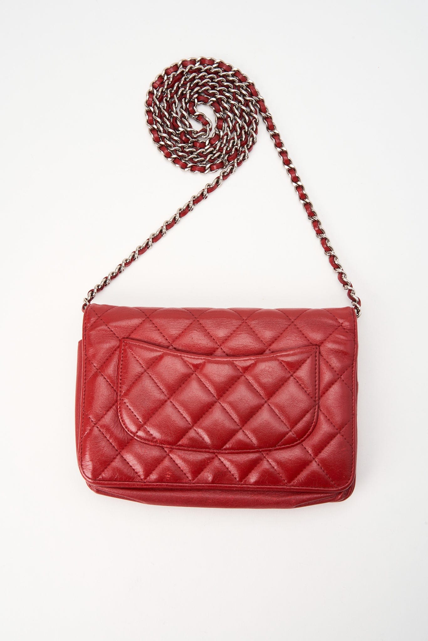 Chanel Red Lambskin Leather Wallet On Chain