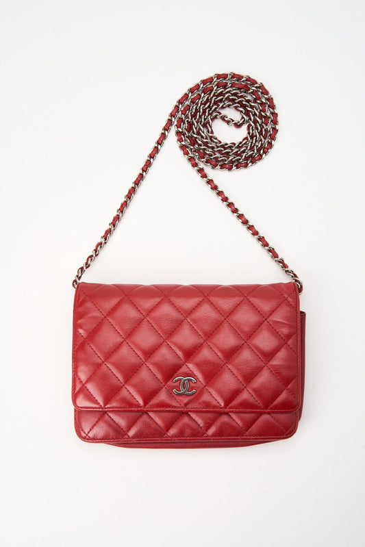 Chanel Red Lambskin Leather Wallet On Chain