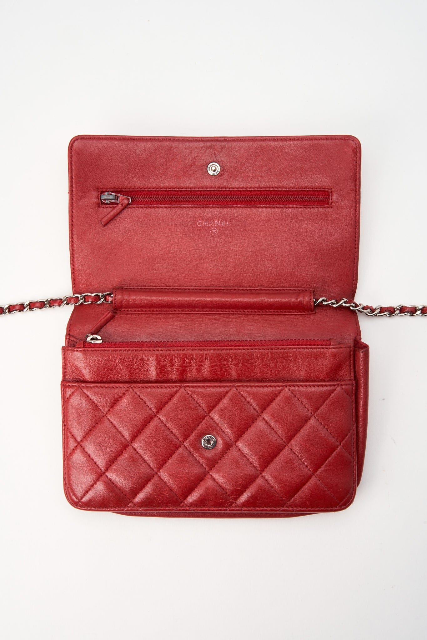 Chanel Red Lambskin Leather Wallet On Chain