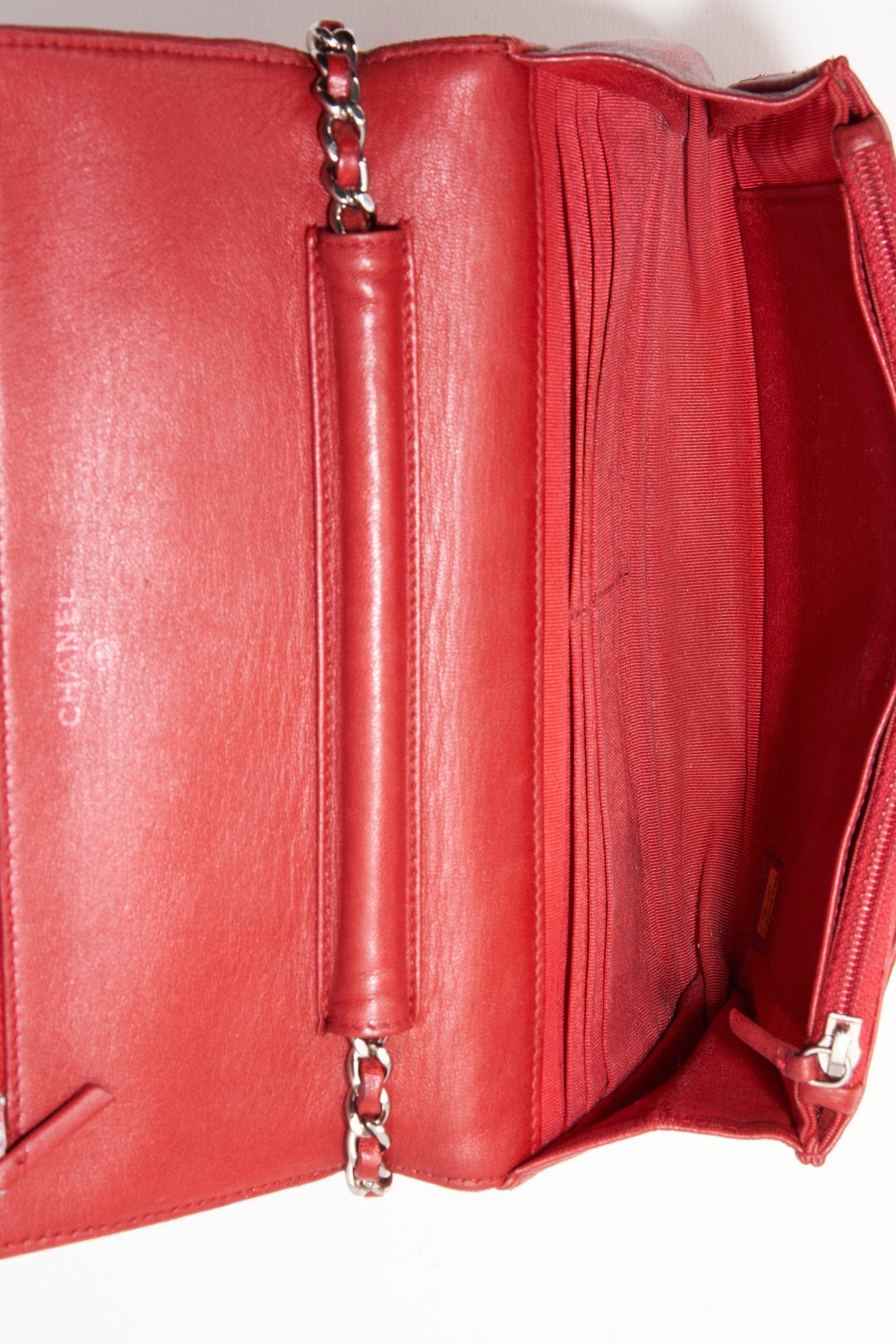 Chanel Red Lambskin Leather Wallet On Chain