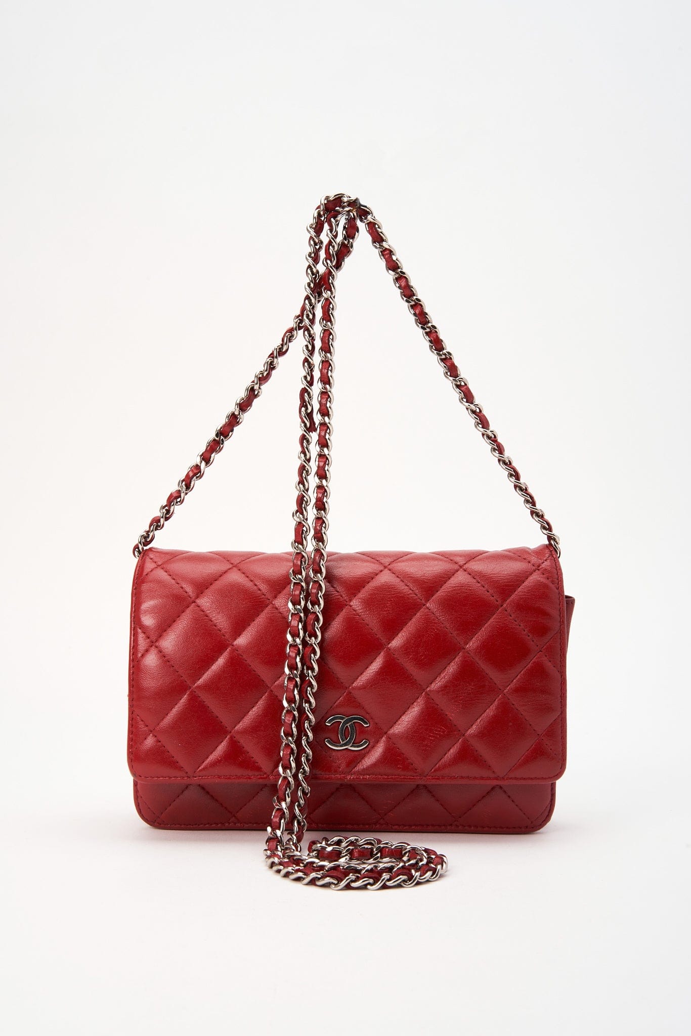 Chanel Red Lambskin Leather Wallet On Chain