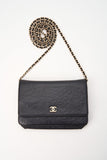 Chanel Black Lambskin Leather Floral Wallet On Chain