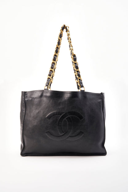 Chanel Black Leather Tote Bag with Chunky Gold Hardware