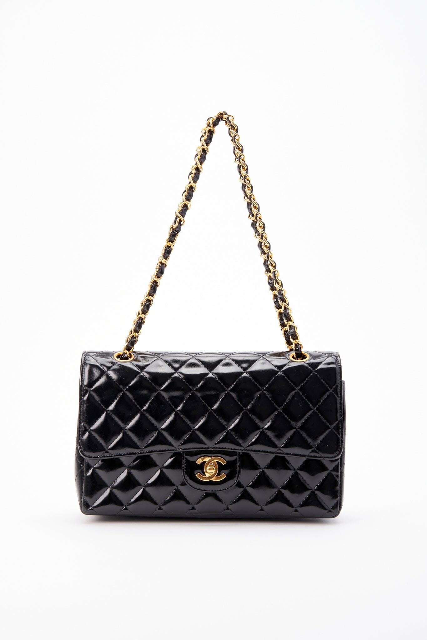 Chanel Classic Double Flap Bag Medium Black Patent Leather With 24K Gold Plated Hardware