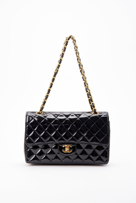 Chanel Classic Double Flap Bag Medium Black Patent Leather With 24K Gold Plated Hardware