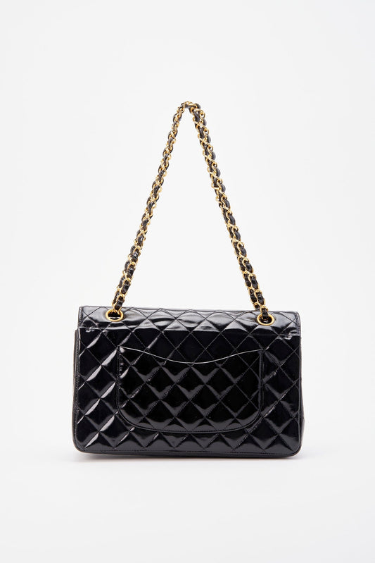 Chanel Classic Double Flap Bag Medium Black Patent Leather With 24K Gold Plated Hardware