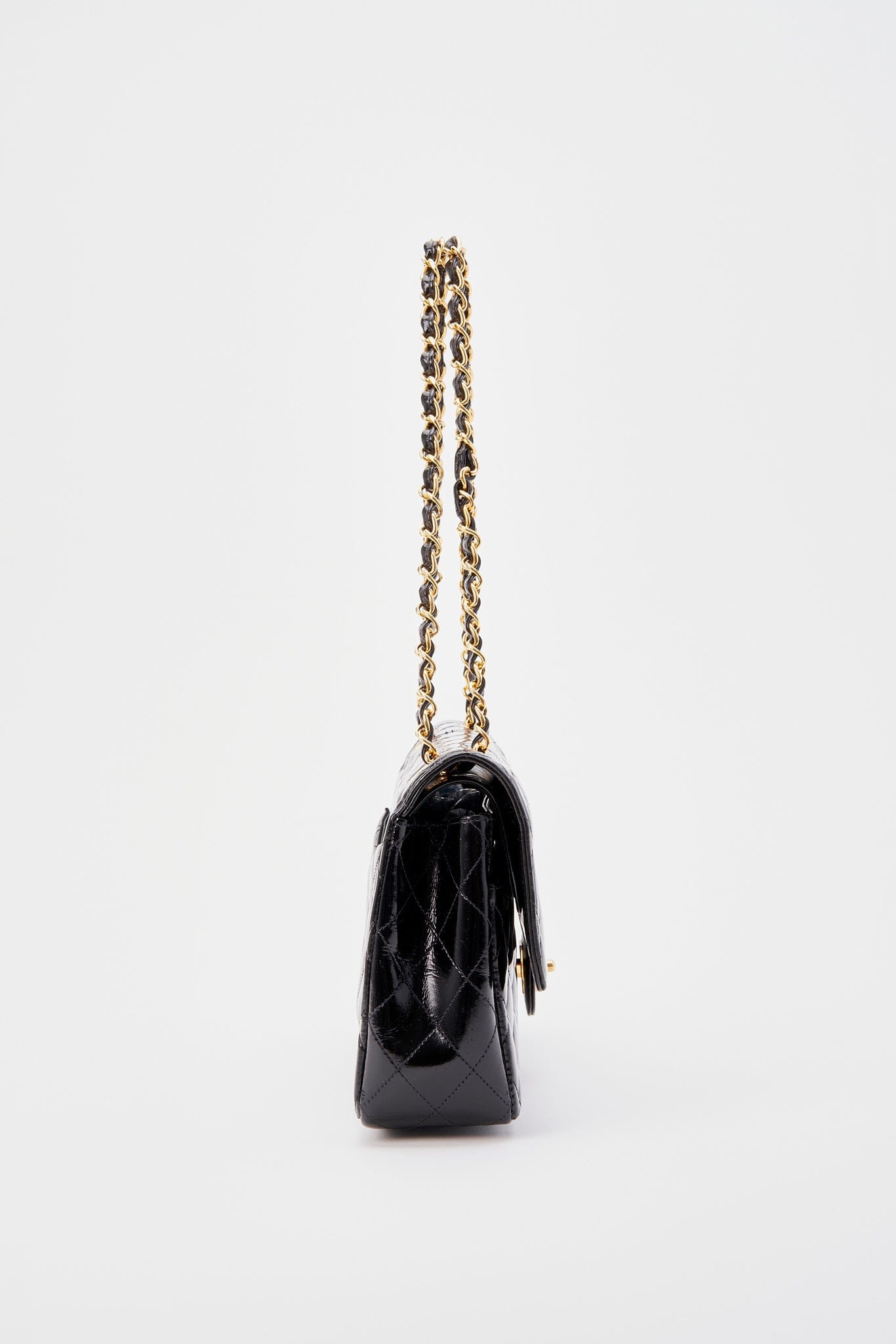 Chanel Classic Double Flap Bag Medium Black Patent Leather With 24K Gold Plated Hardware