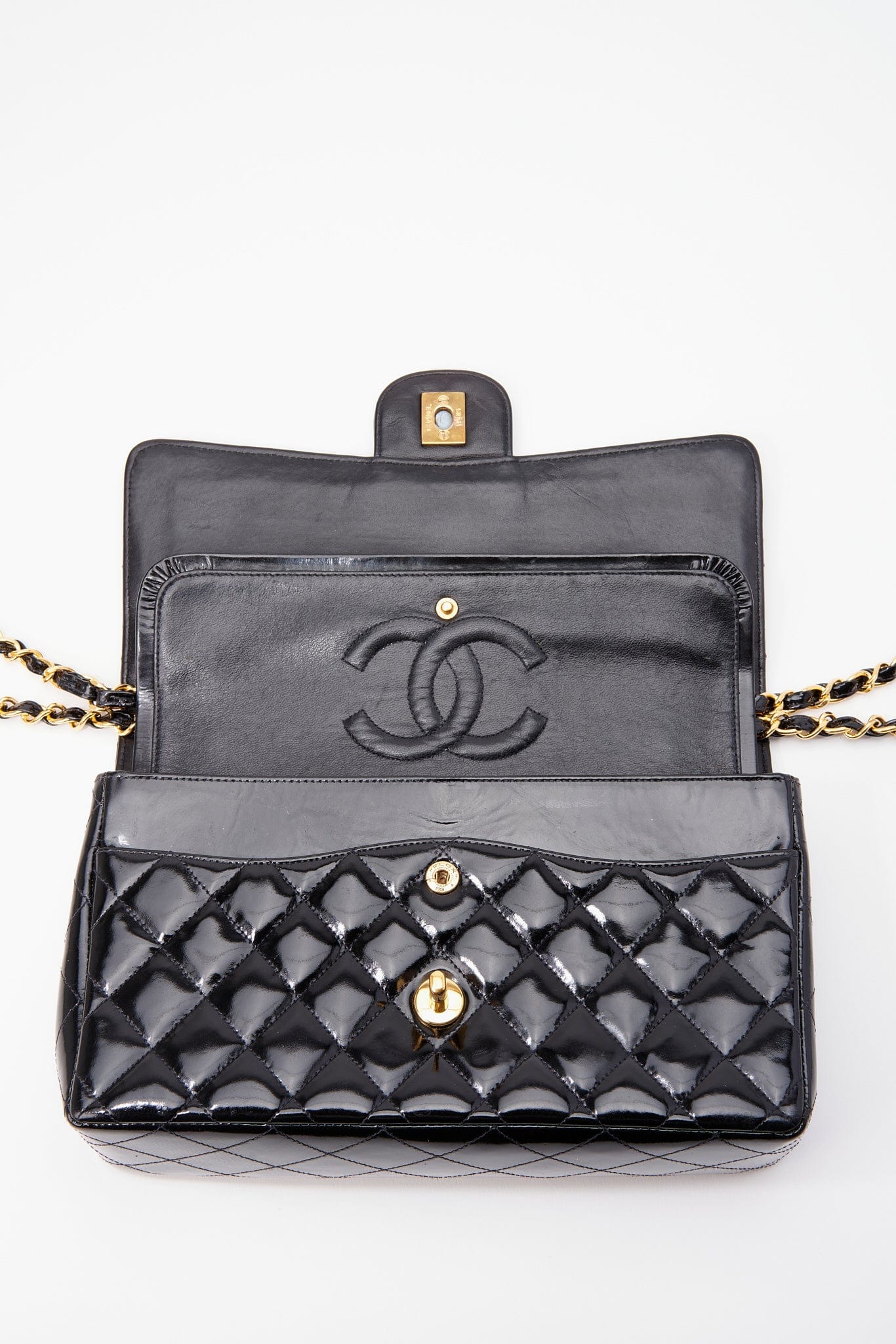 Chanel Classic Double Flap Bag Medium Black Patent Leather With 24K Gold Plated Hardware