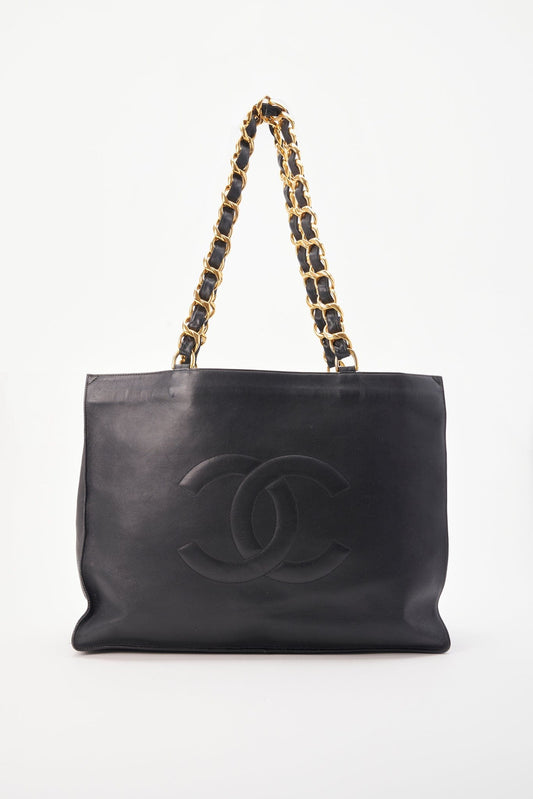 Chanel Black Leather Tote Bag with Chunky Gold Hardware