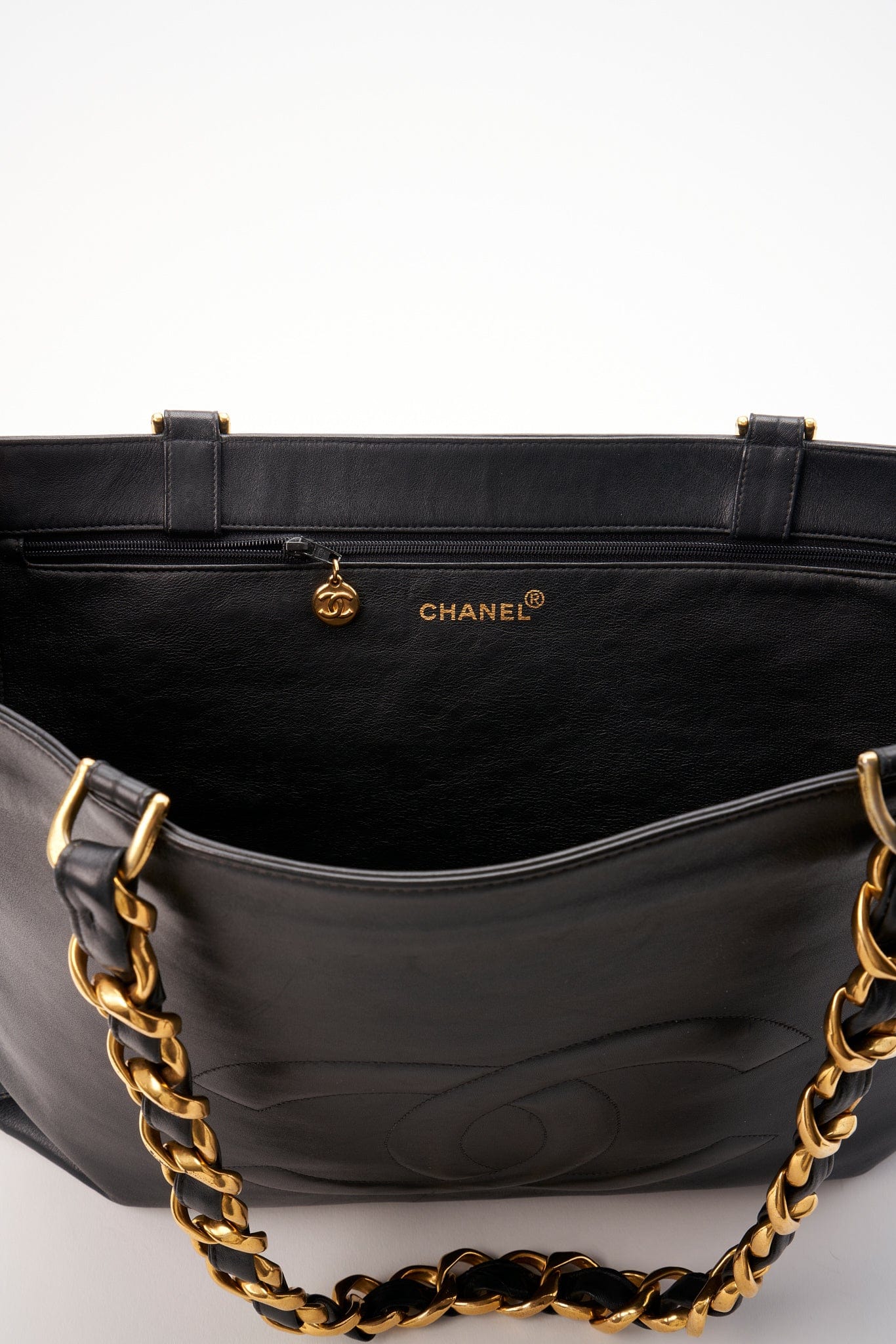 Chanel Black Leather Tote Bag with Chunky Gold Hardware