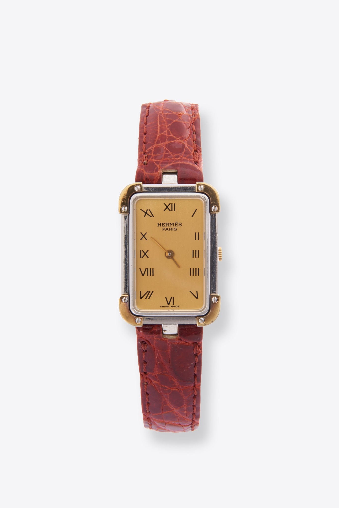Hermès Croisiere Gold Plated Watch With Tan Leather Croc Strap