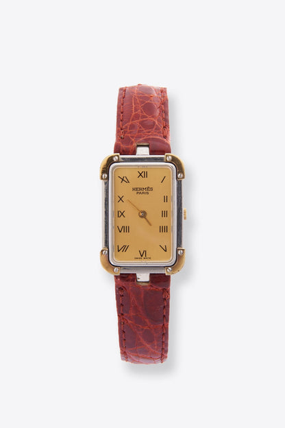 Hermès Croisiere Gold Plated Watch With Tan Leather Croc Strap