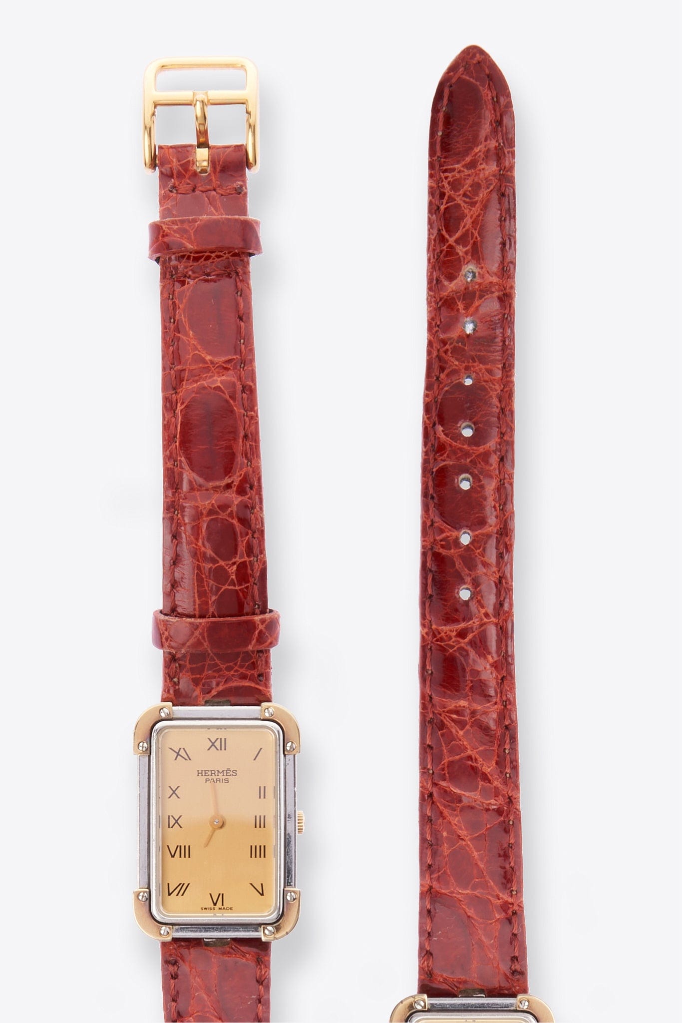 Hermès Croisiere Gold Plated Watch With Tan Leather Croc Strap