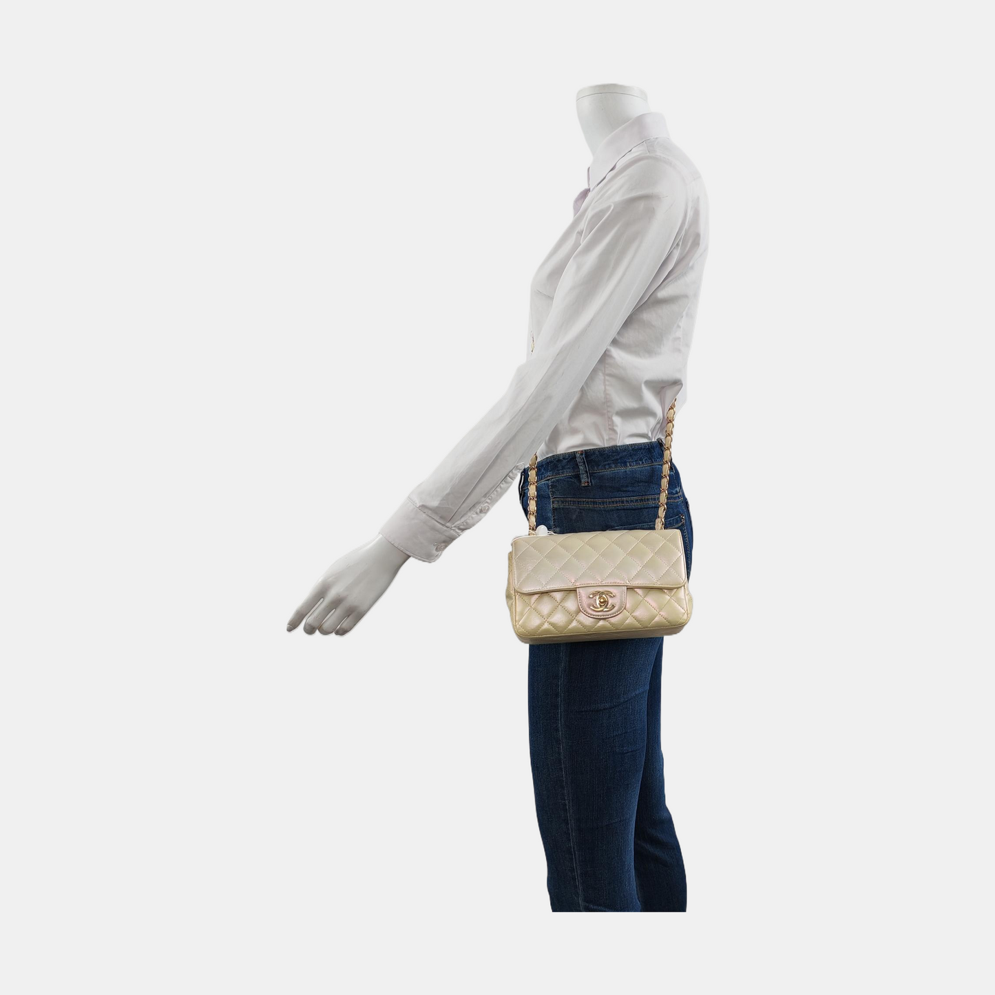 Chanel Classic Flap Rectangular Mini Pearlescent Gold Champagne Lambskin Leather Gold Hardware