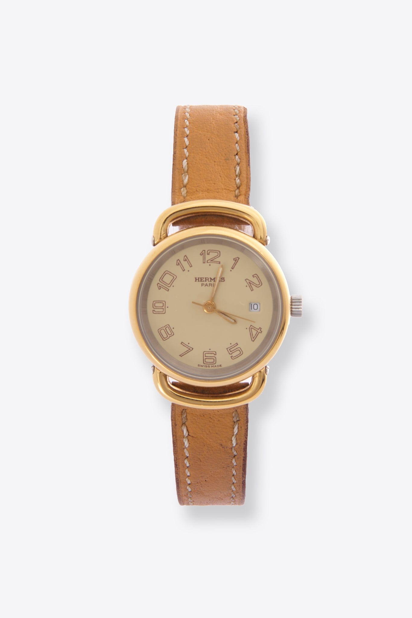Hermès Pullman Gold Plated Watch With Tan Leather Strap