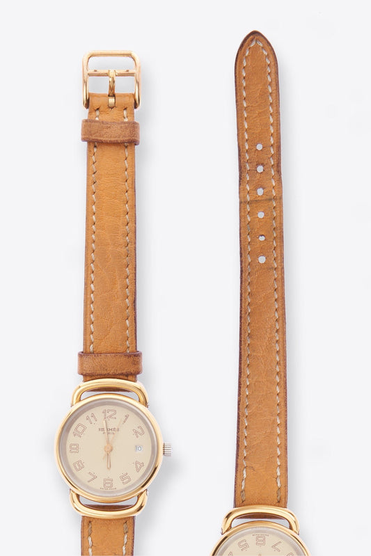Hermès Pullman Gold Plated Watch With Tan Leather Strap