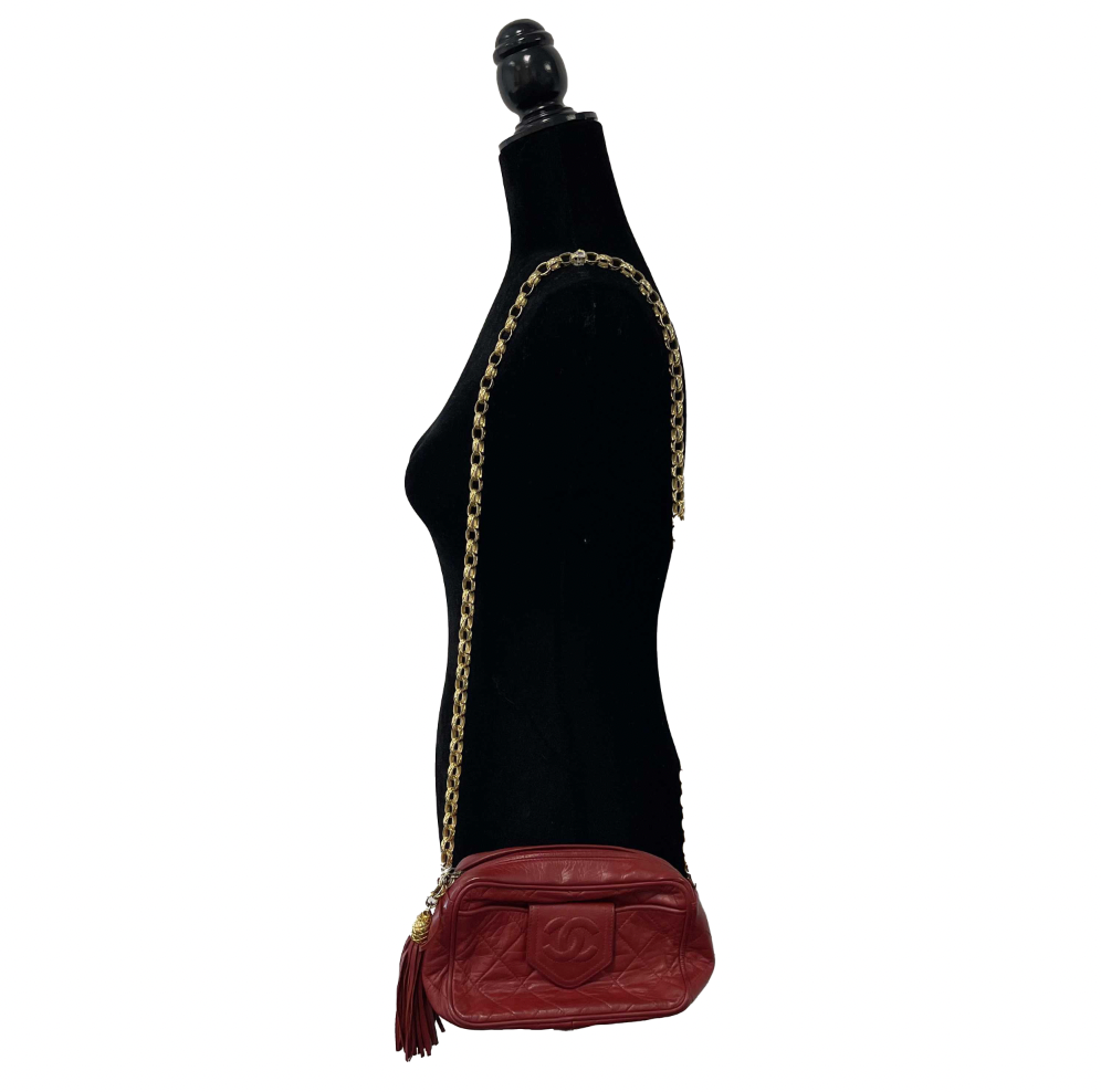 CHANEL   CC Red Lambskin Gold Chain Tassel Camera Bag Crossbody
